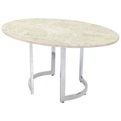 Vintage Oval Travertine Top Dining Table on Chrome Base