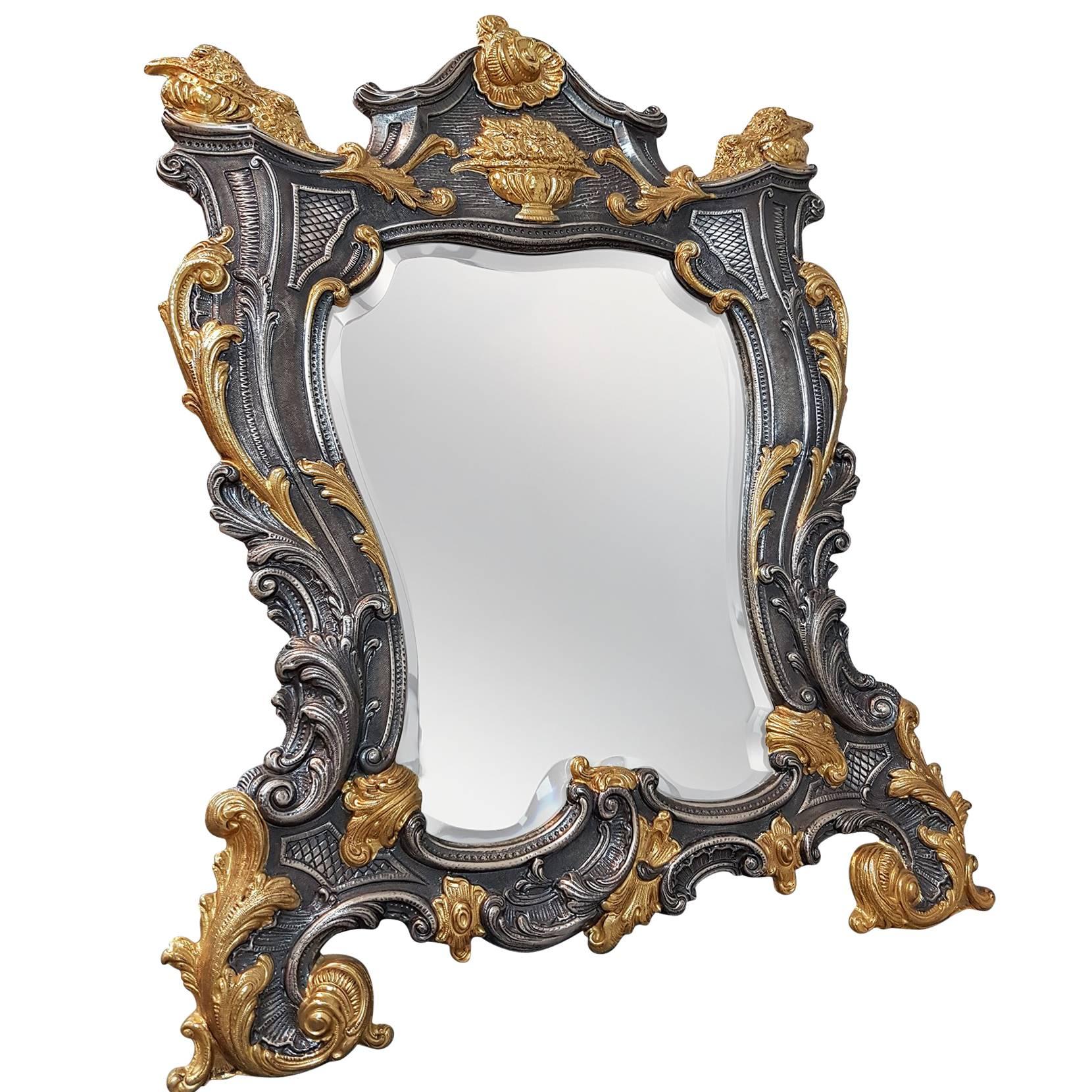 Espejo de sobremesa Barocco de plata de ley italiana del siglo XX