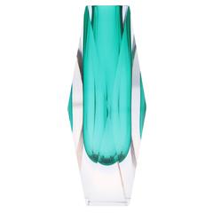 Mandruzzato Petroleum Blue Faceted Murano Glass Sommerso Vase