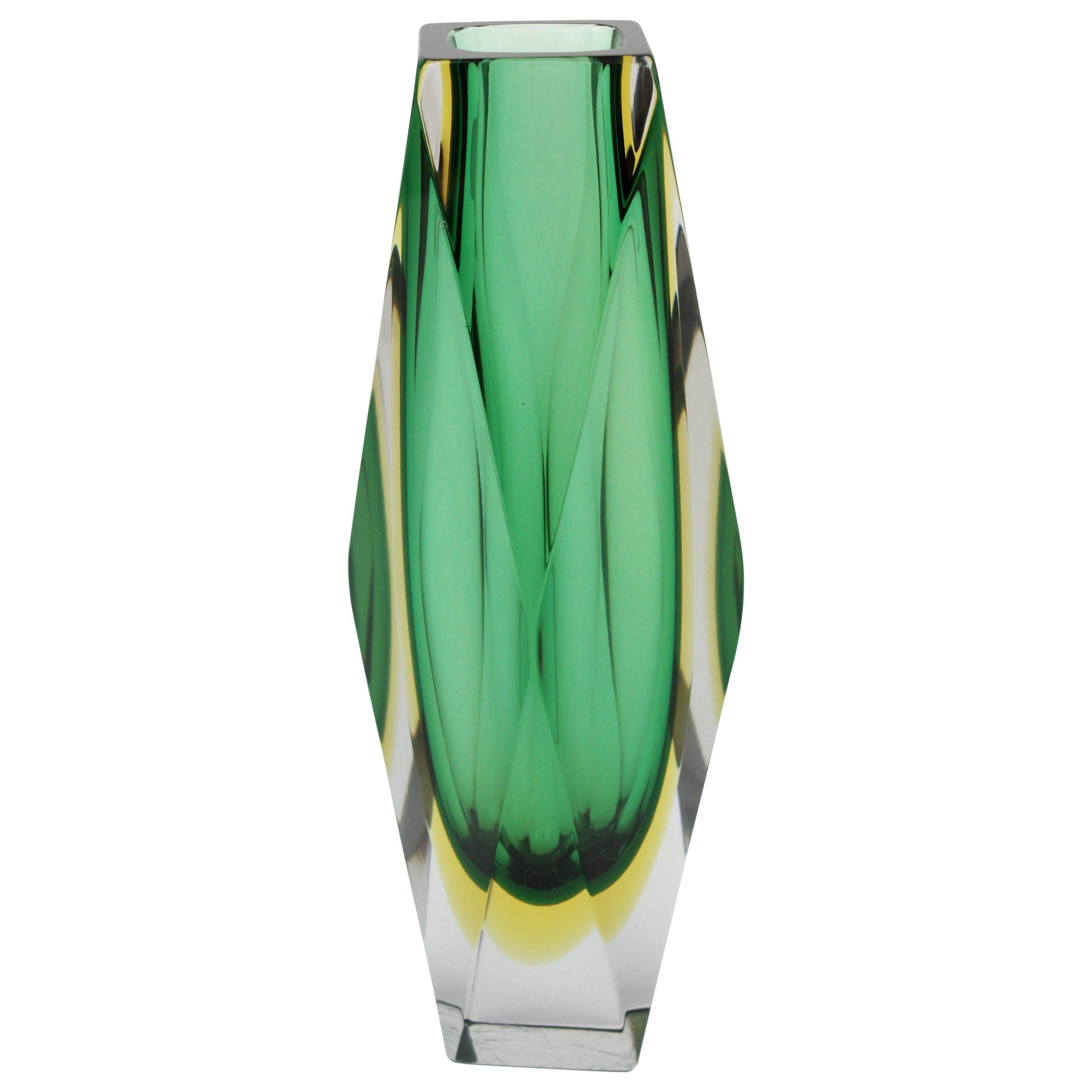 Giant Mandruzzato Triple Cased Green and Yellow Faceted Murano Glass Vase