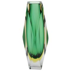 Giant Mandruzzato Triple Cased Green and Yellow Faceted Murano Glass Vase 8