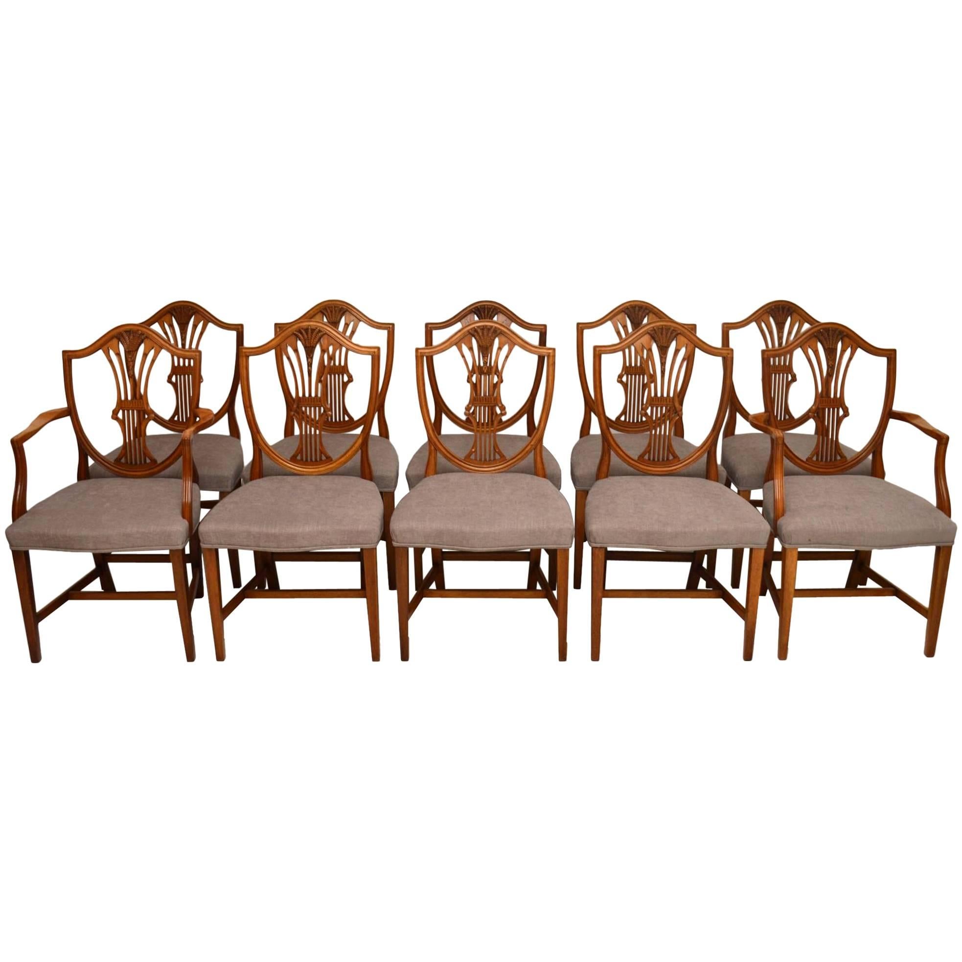 Set of Ten Antique Mahogany Shield Back Dining Chairs