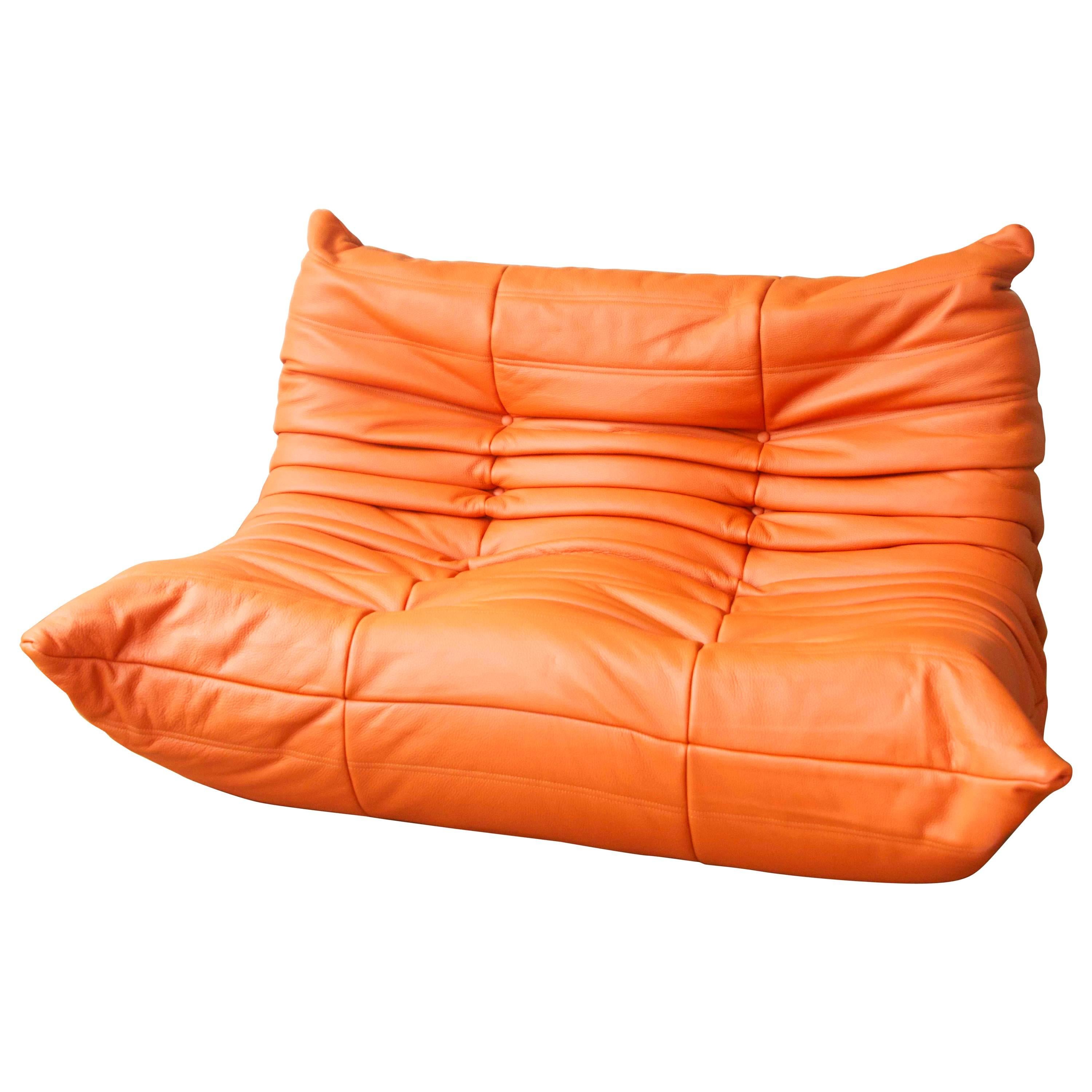 Orange Leather Two-Seat Togo Sofa by Michel Ducaroy for Ligne Roset