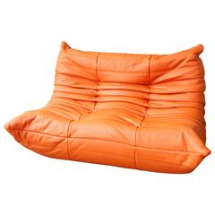 Orange Leather Two-Seat Togo Sofa by Michel Ducaroy for Ligne Roset