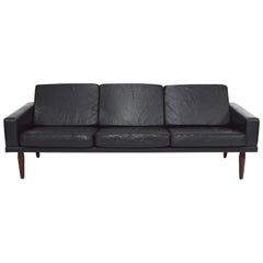 Scandinavian Black Leather and Rosewood Three-Seat Sofa by Bovenkamp, 1960s