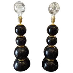 Mid-20th Century French Black Opal Glass Pair of Lamps