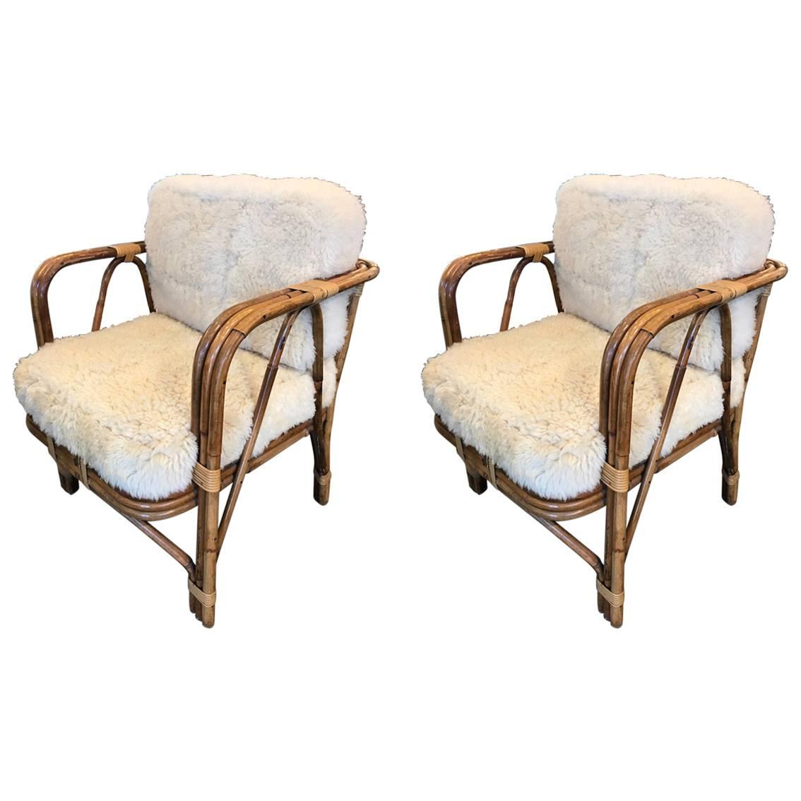 Beautiful Pair of Wicker Armchairs Attributed to Audoux Minet, circa 1960 For Sale