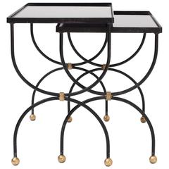 1950s French Black Nesting Tables with Opaline Glass, after Jacques Adnet