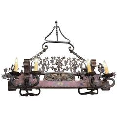 Antique 19th Century Wrought Iron and Wood Chandelier
