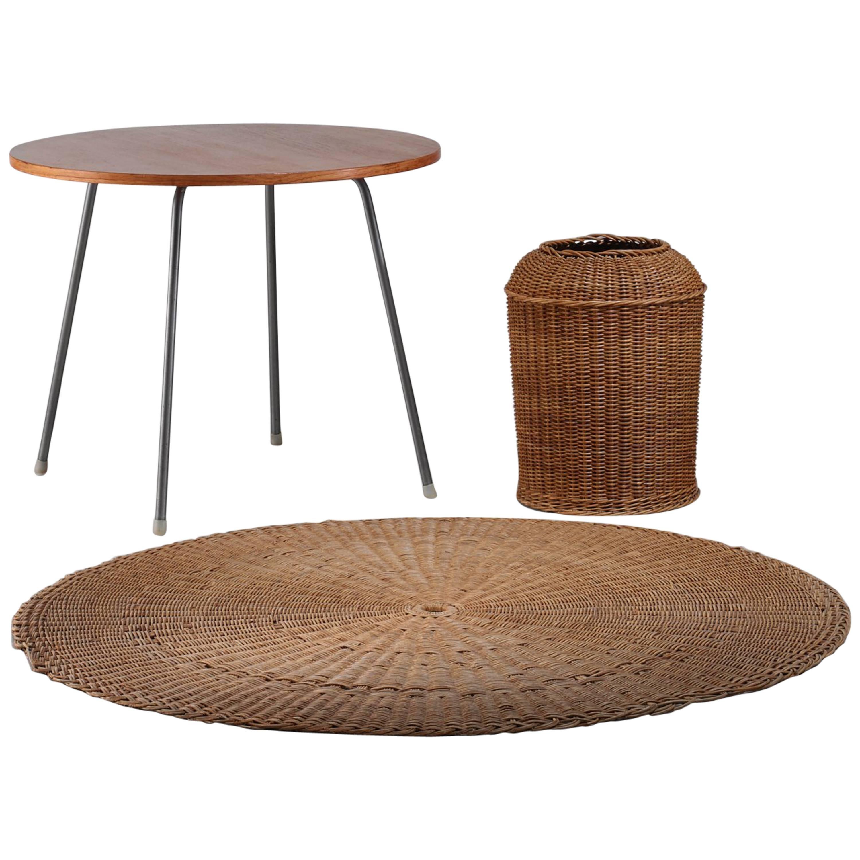 Egon Eiermann Table with Wicker Basket and Floor Mat, Germany, circa 1950 For Sale