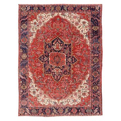 Used Heriz Carpet with Stylized Central Medallion Set on Tomato Red Field