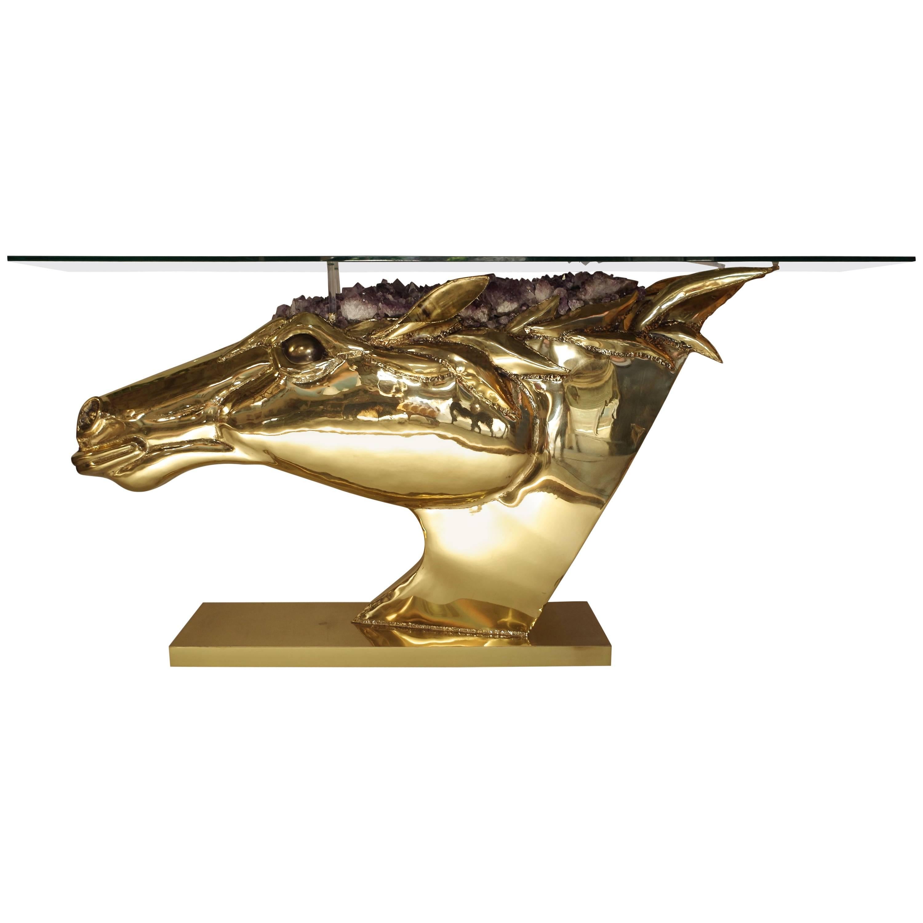 Horse Head Console in Gilt Brass and Amethyst by French Artist Duval Brasseur