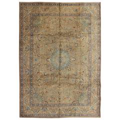 Persian Vintage Rug with Detailed Central Medallion Design in Camel & Turquoise