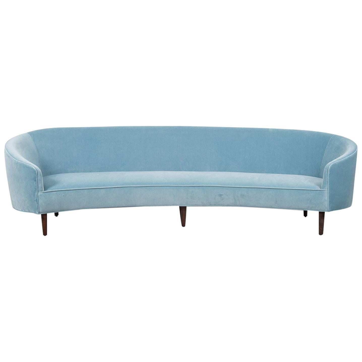 Art Deco Style Crescent Sofa with Walnut Legs in Capri Blue Velvet For Sale