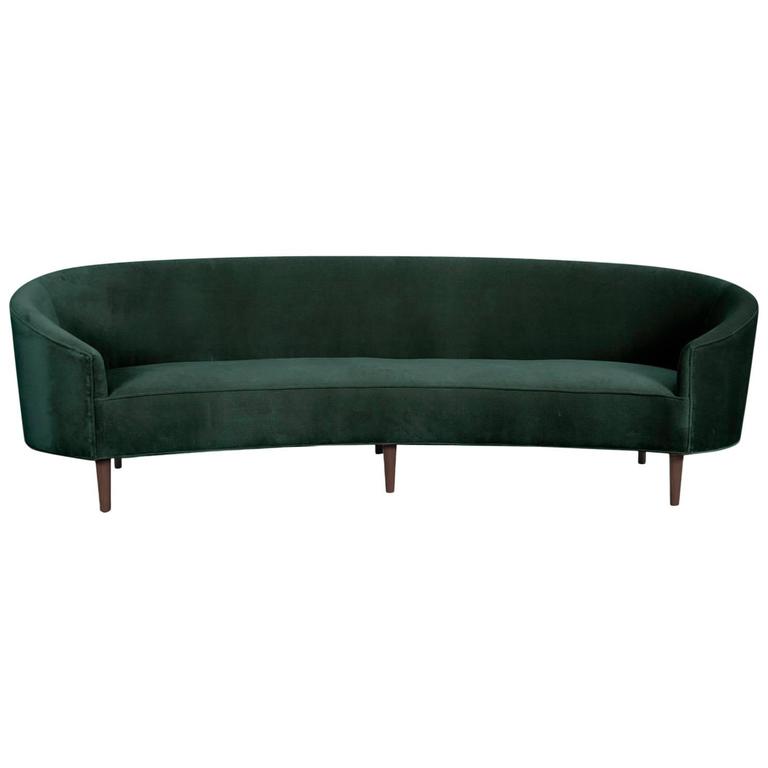 Art Deco Style Crescent Sofa With Walnut Legs In Hunter Green Velvet