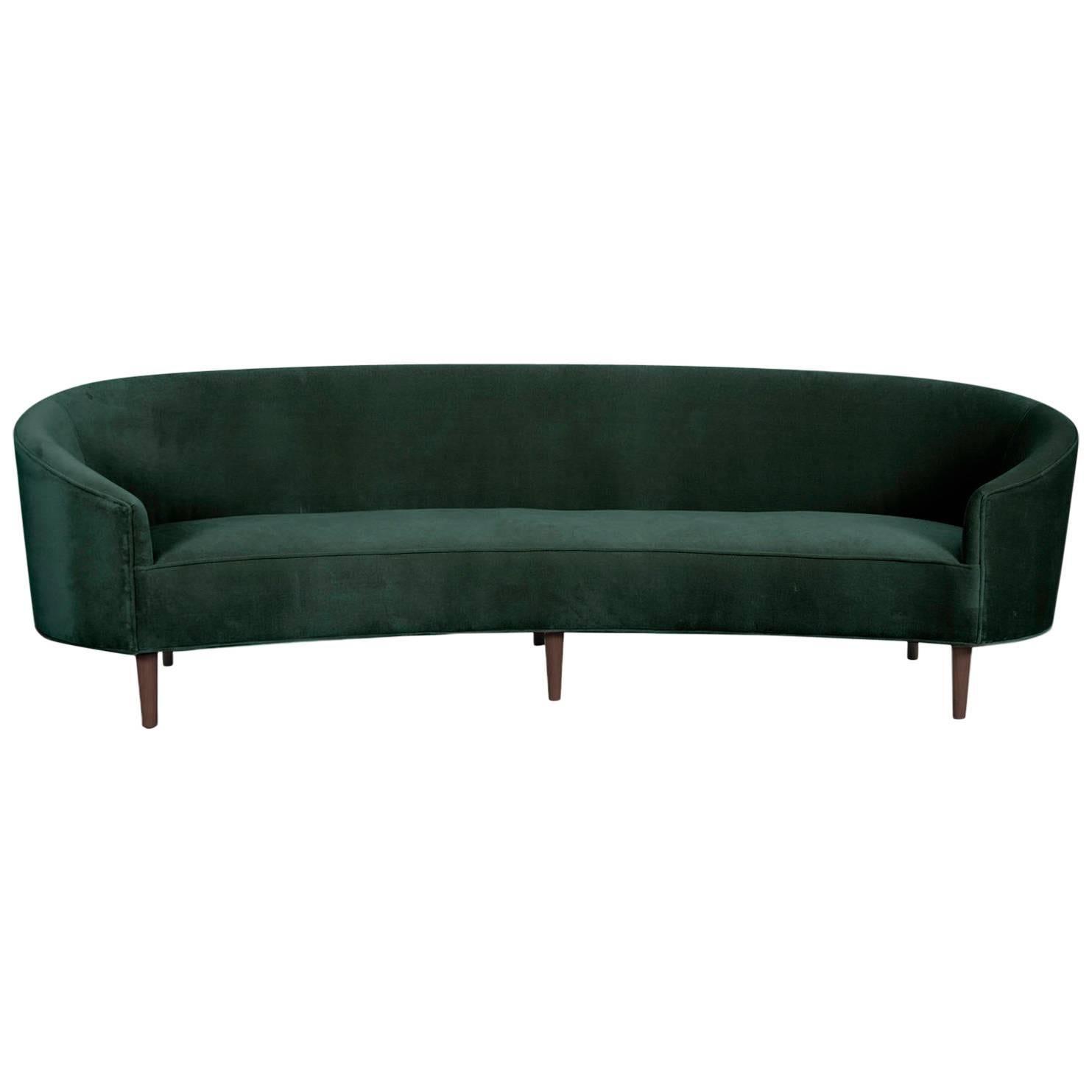 Art Deco Style Crescent Sofa with Walnut Legs in Hunter Green Velvet