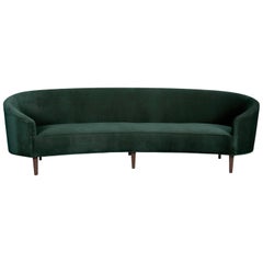 Art Deco Style Crescent Sofa with Walnut Legs in Hunter Green Velvet