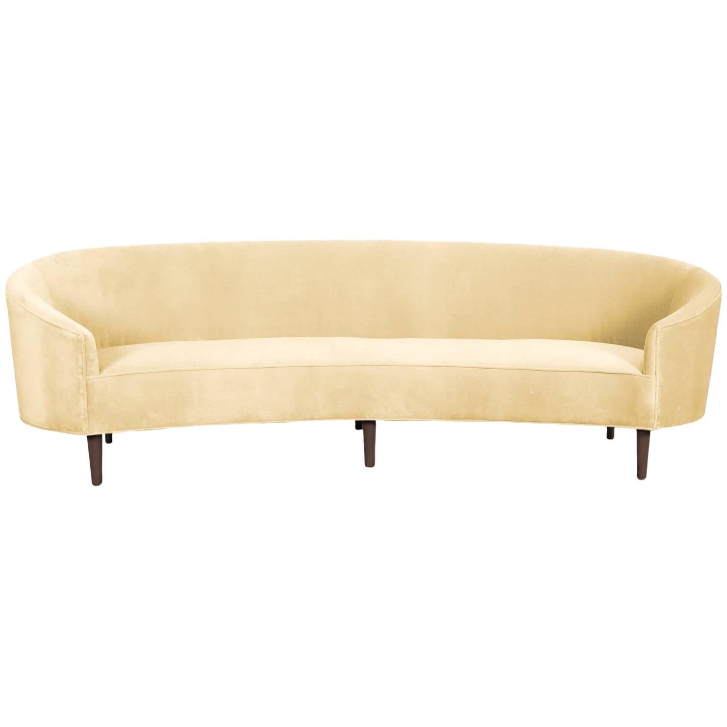 Art Deco Style Crescent Sofa with Walnut Legs in Hollandaise Velvet For Sale