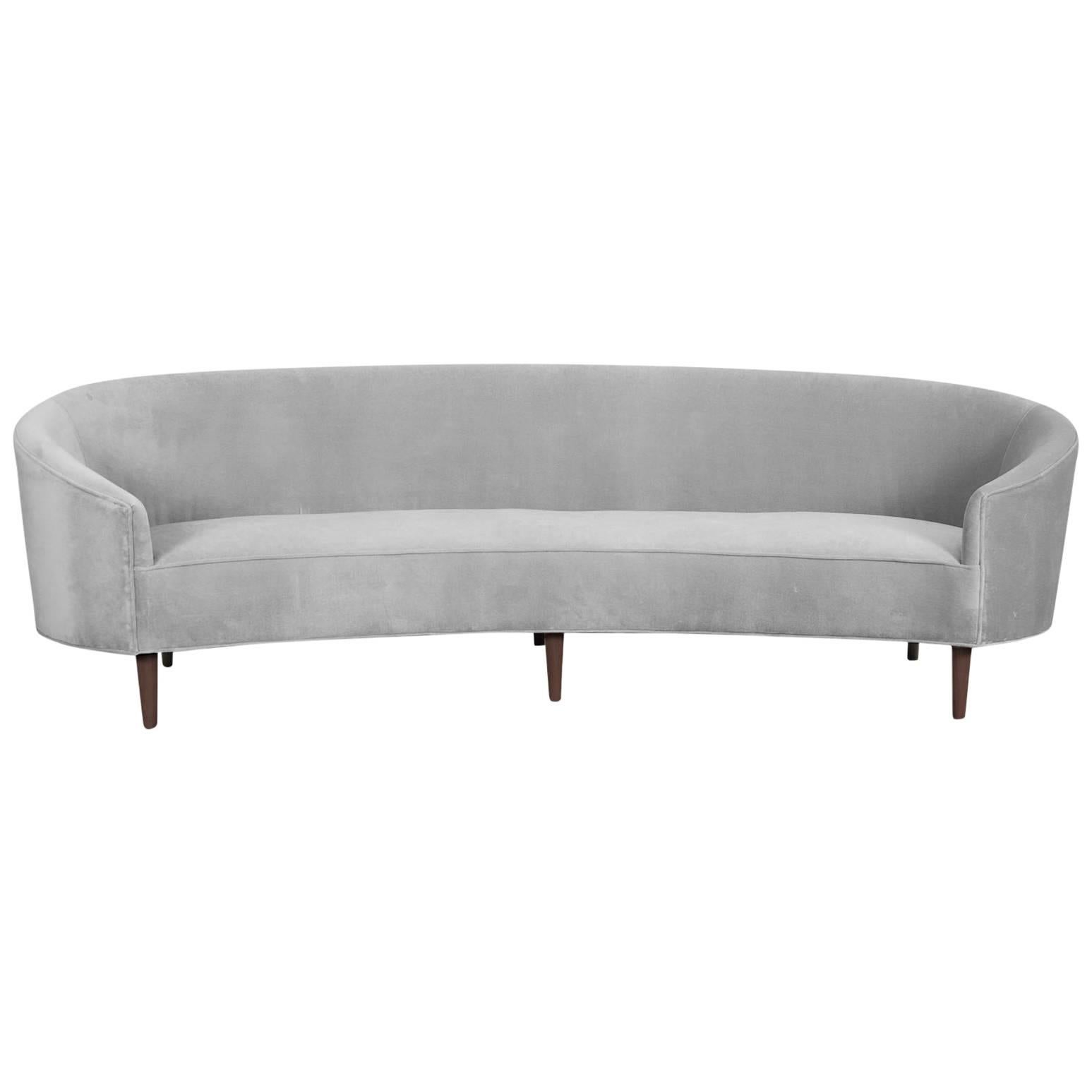 Art Deco Style Crescent Sofa with Walnut Legs in Sharkskin Velvet