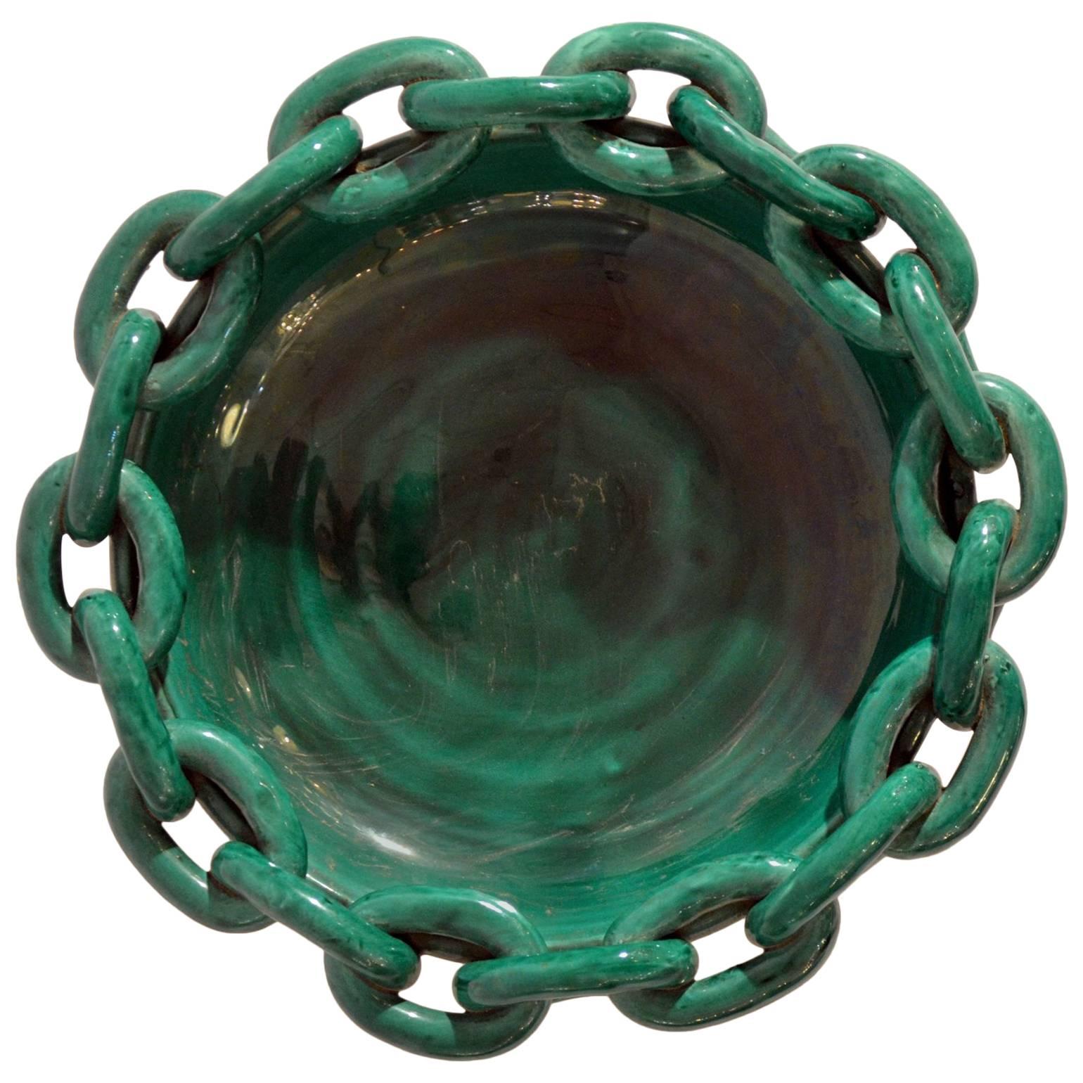 1950s Bowl in Emerald Green Ceramic with Chain Edge by Vallauris France
