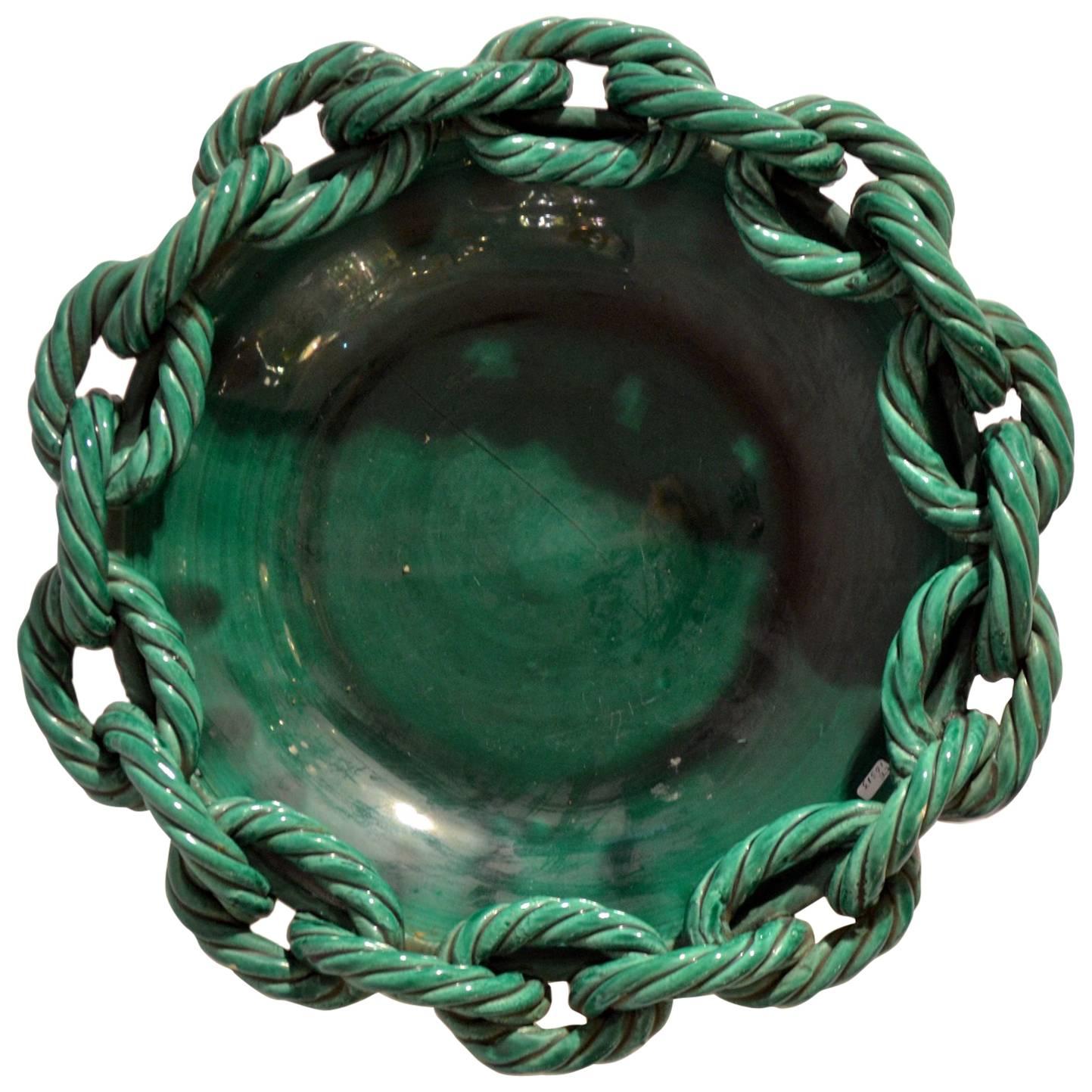 1950s Bowl in Emerald Green Ceramic with Chained Rope Edge by Vallauris, France
