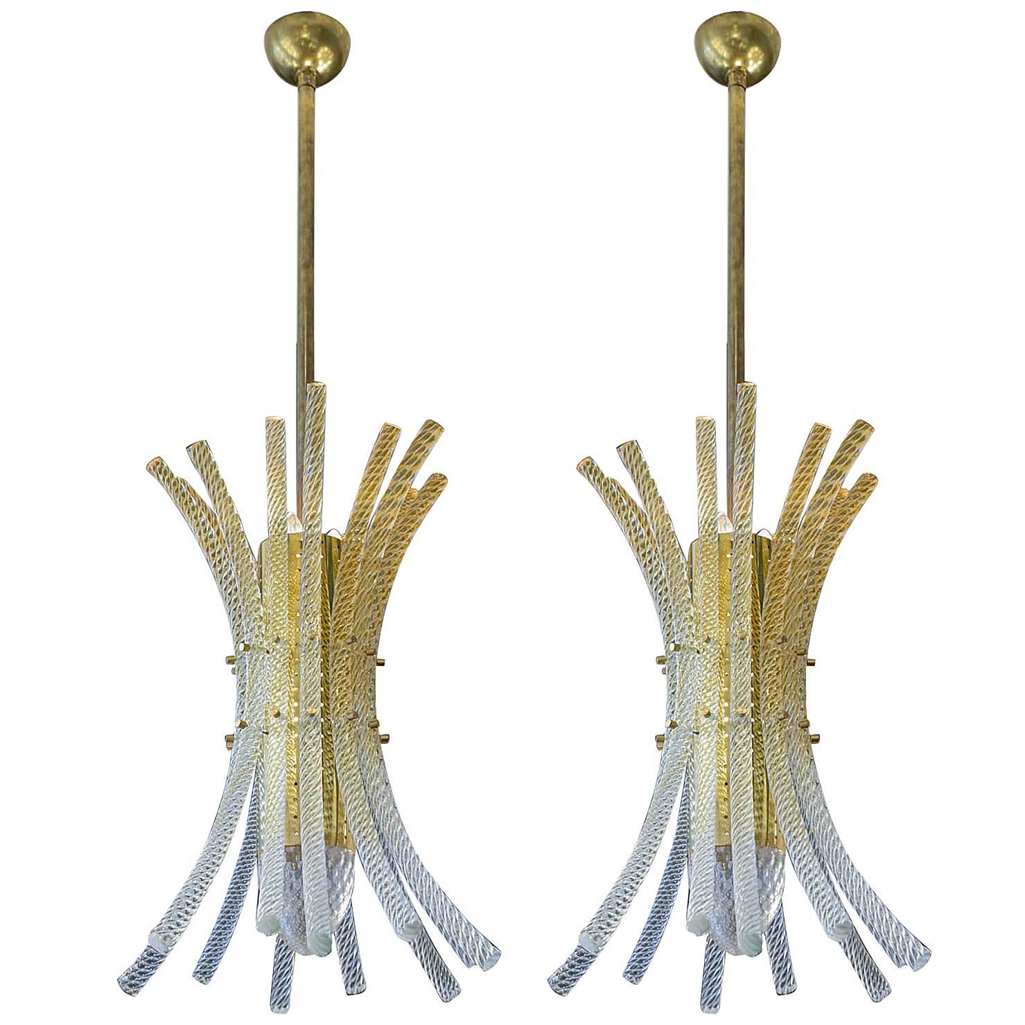 Pair of Brass and Murano Glass Rods Pendants