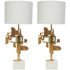 Pair of Brass, Travertine and Murano Glass Table Lamps