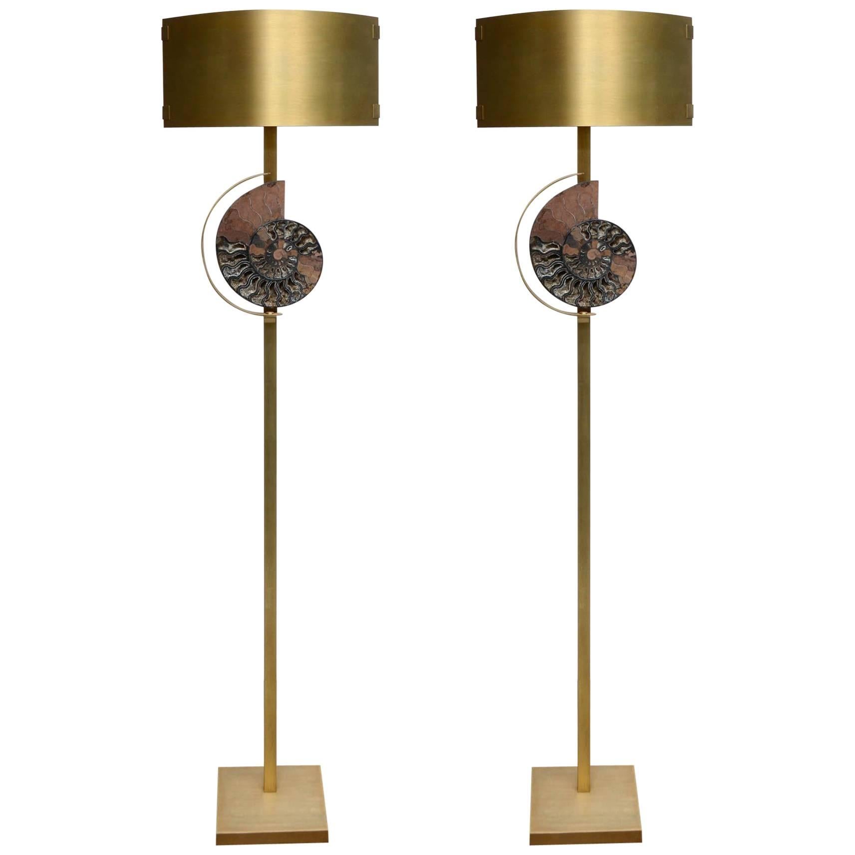 Pair of Patinated Brass Floor Lamps For Sale