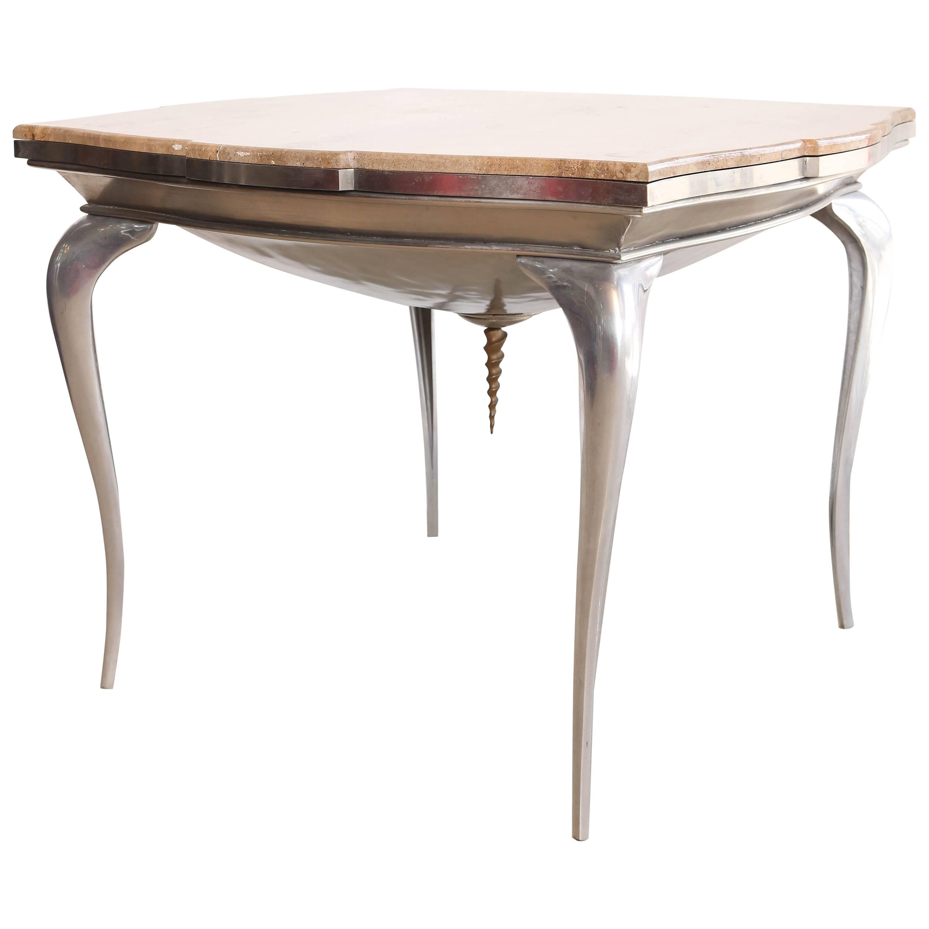 Mark Brazier Jones Einzigartiger signierter zentraler Tisch aus Stahl und Marmor, Mid-Century