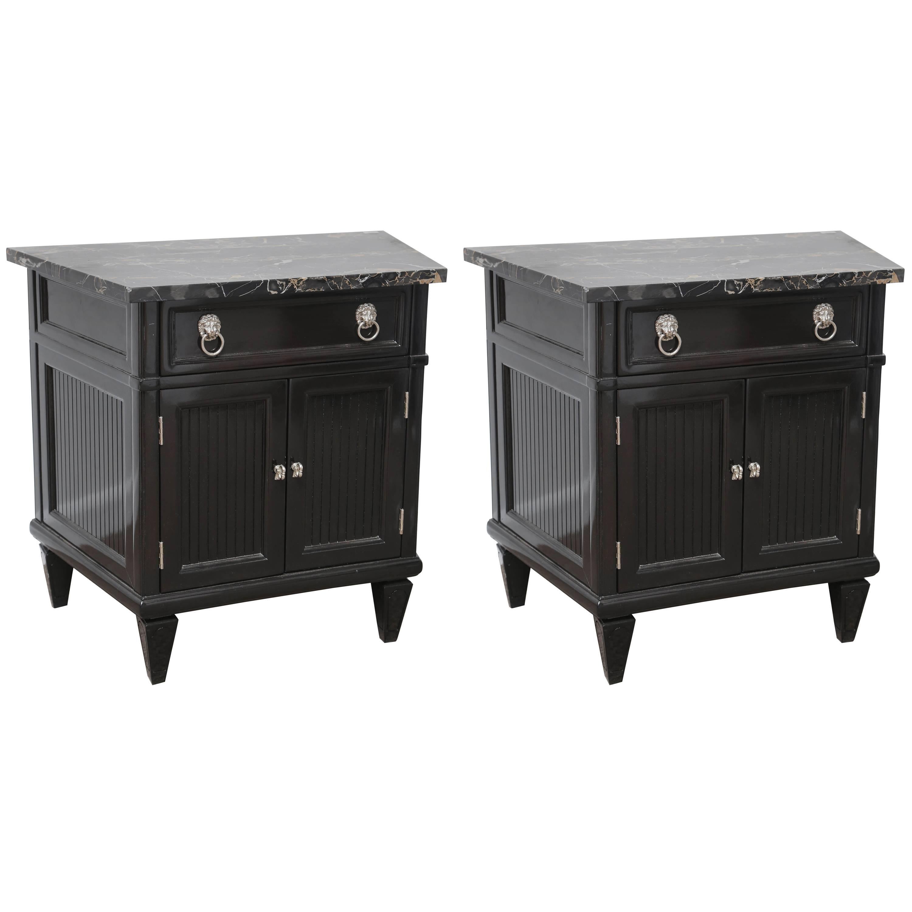 Pair of MidCentury Nightstands Portor Marble Top Black Lacquer Wood at