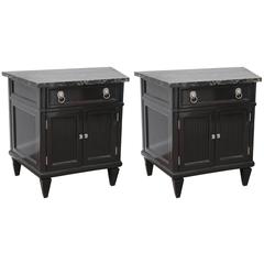 Pair of Mid-Century Nightstands Portor Marble Top Black Lacquer Wood