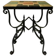 Rare Art Deco Tile-Top Cocktail or End Table on Wrought Iron Base
