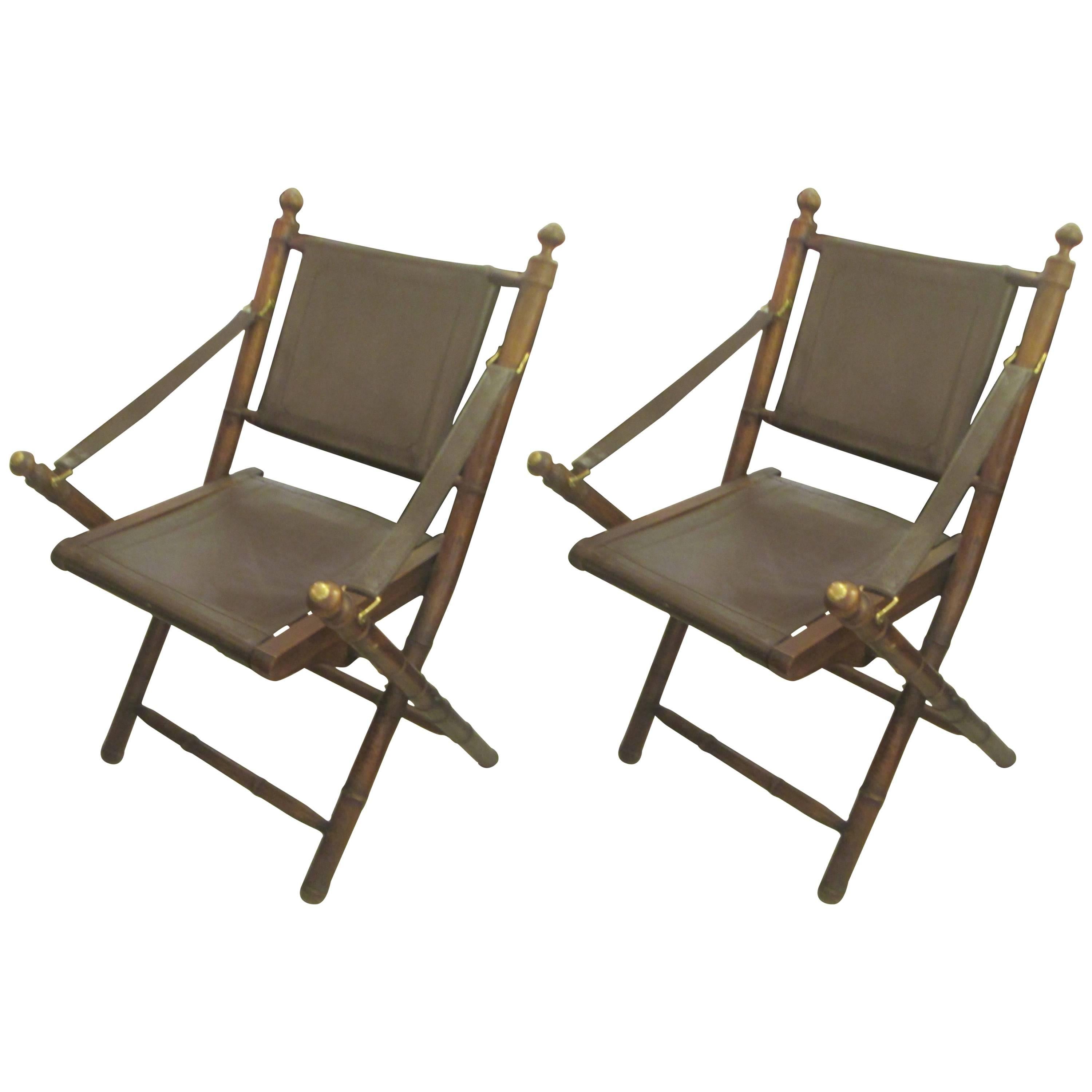 Pair of Hand-Stitched Leather and Faux-Bamboo Campaign Folding Chairs