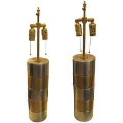 Pair of Brushed Steel and Brass Lamps 12