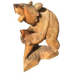 Japanese Big Hand-Carved Bear with Salmon Catch
