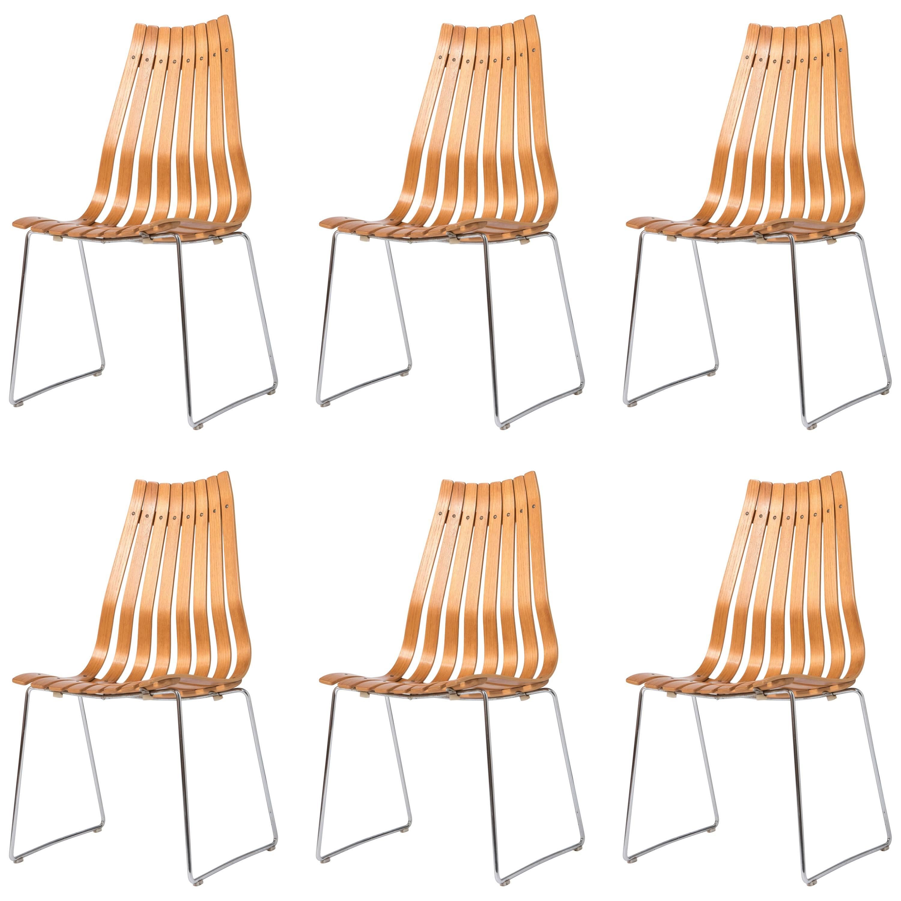 Hans Brattrud set of six Teak wood and chrome chairs, Norway circa 1957 For Sale