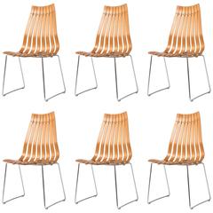 Hans Brattrud set of six Teak wood and chrome chairs, Norway circa 1957