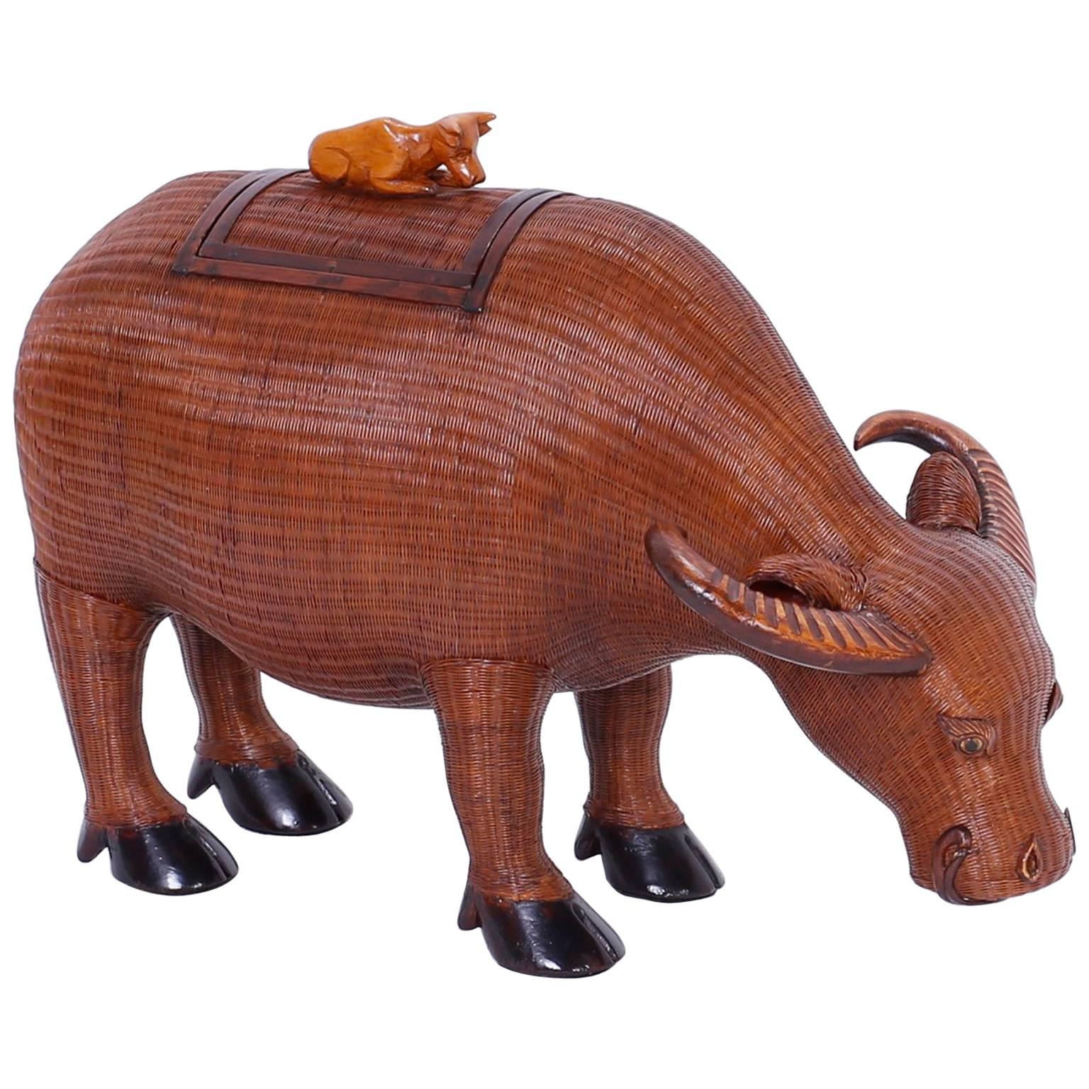 Traditional Chinese Wicker and Wood Lidded Ox Box