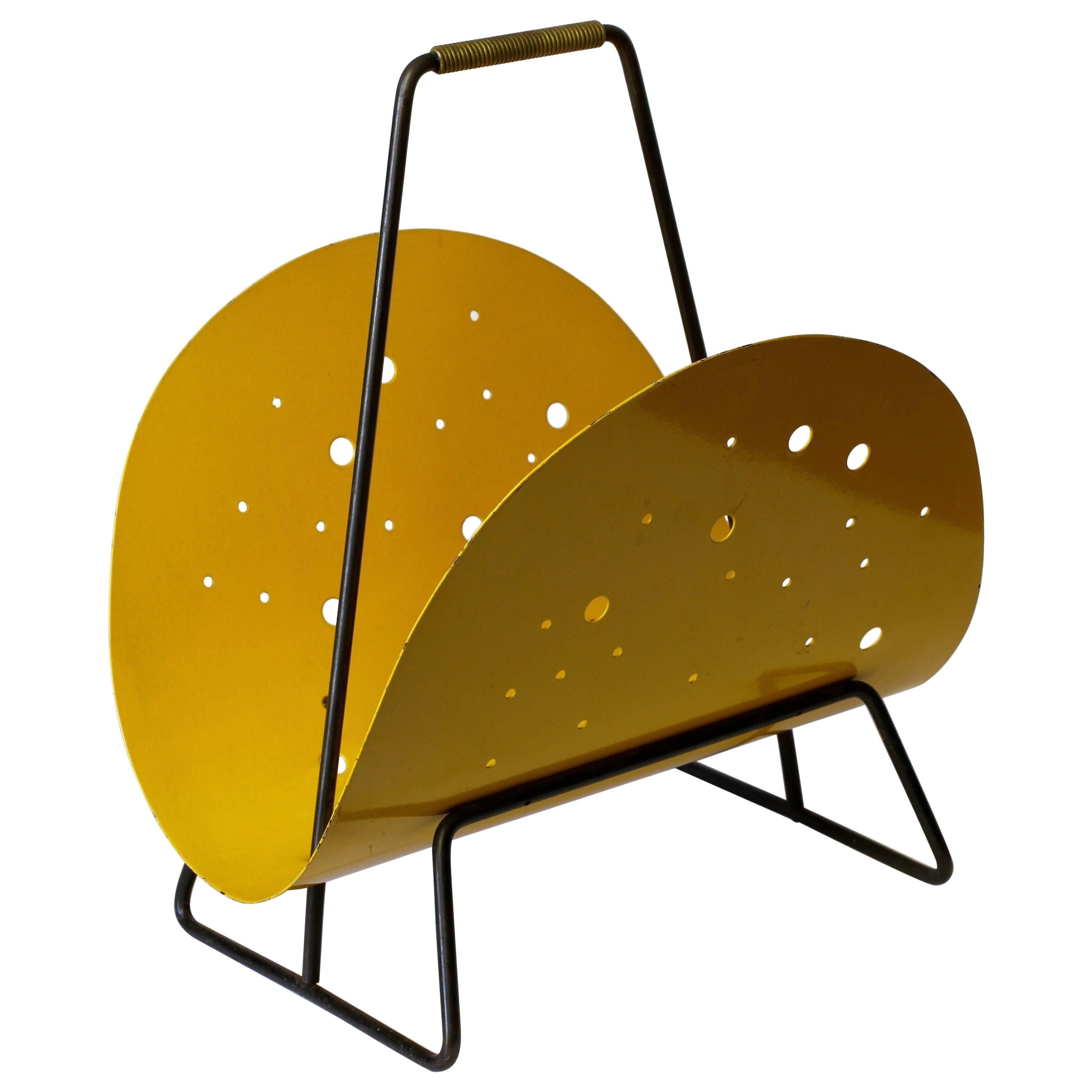 1950s Perforated Yellow Metal Magazine Holder/Stand in the Style of Matégot