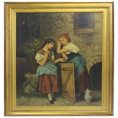 Genre Scene G. Spiro Oil Painting Two Girls Passing a Note