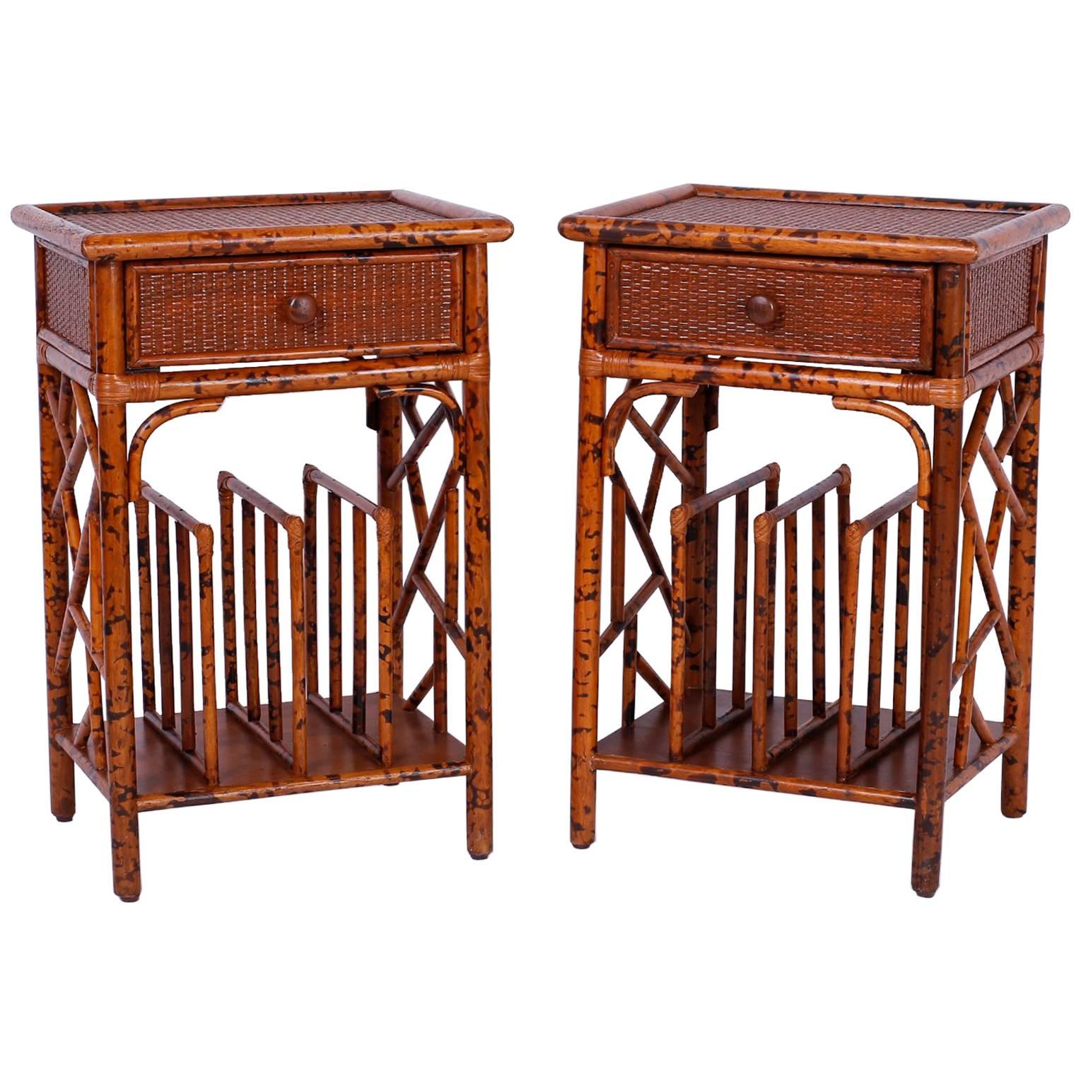 Pair of Mid-Century Grasscloth and Rattan Side or End Tables