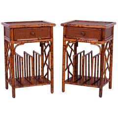 Pair of Mid-Century Grasscloth and Rattan Side or End Tables