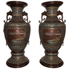 Monumental Pair of 1930s Chinoiserie Lion Handled Vases or Urns