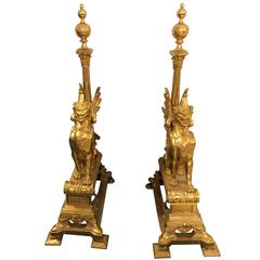 Pair of 19th Century Monumental Neoclassical Dore Bronze Winged Dragon Andirons
