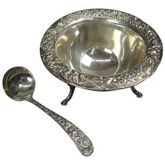 Vintage S. Kirk & Sons Sterling Silver Repousse Footed Sauce Bowl and Ladle