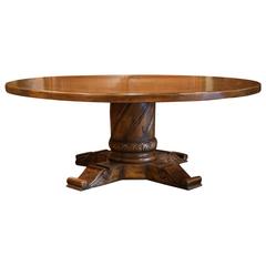 Large Round Walnut Table with Carved Center Pedestal and Geometric Design