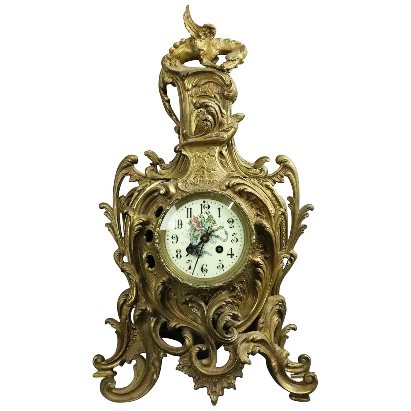 French AD Mougin Rococo Style Bronze Mantel Clock, Dragon Motif, circa 1880