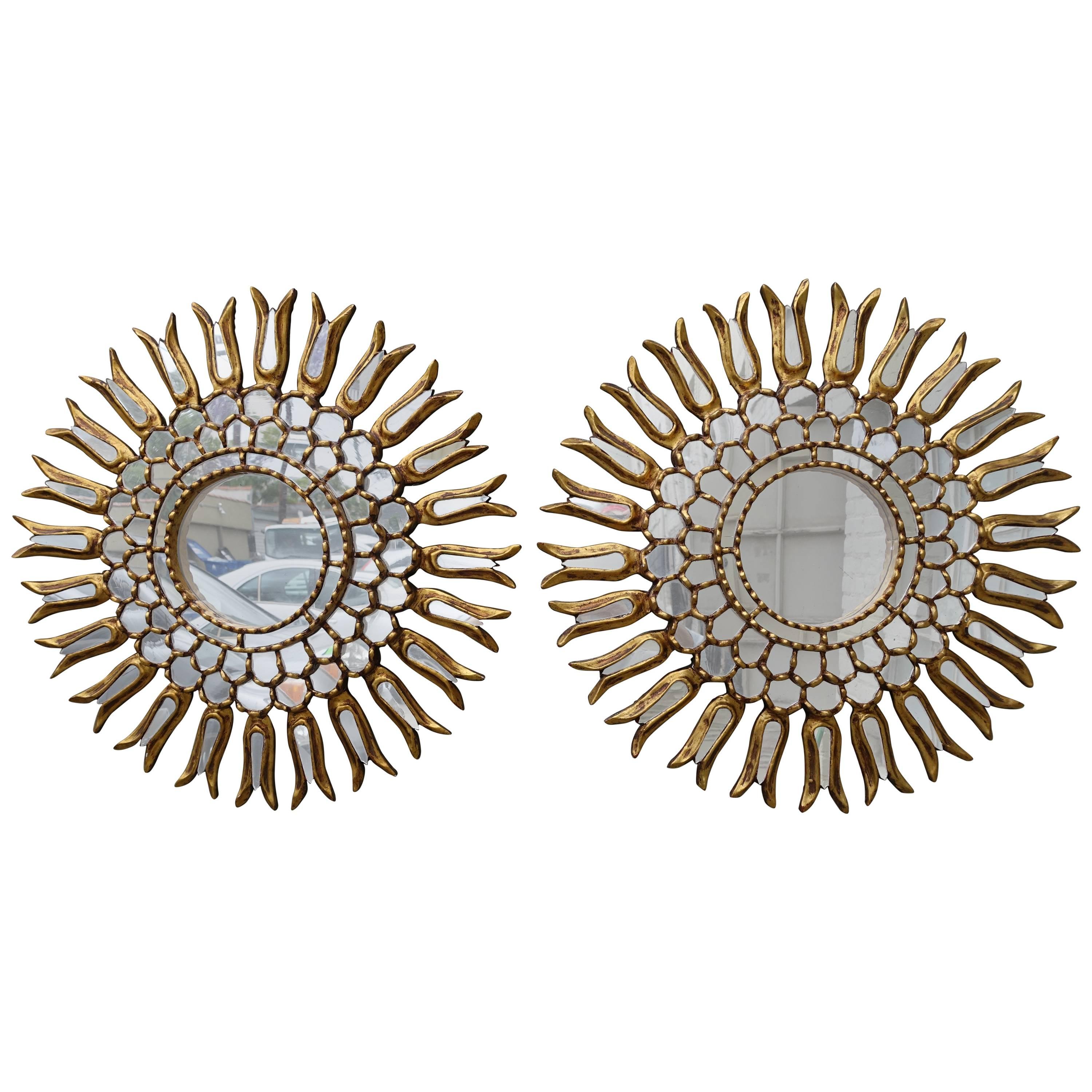 Spanish Gold Leaf Sunburst Mirror, Pair