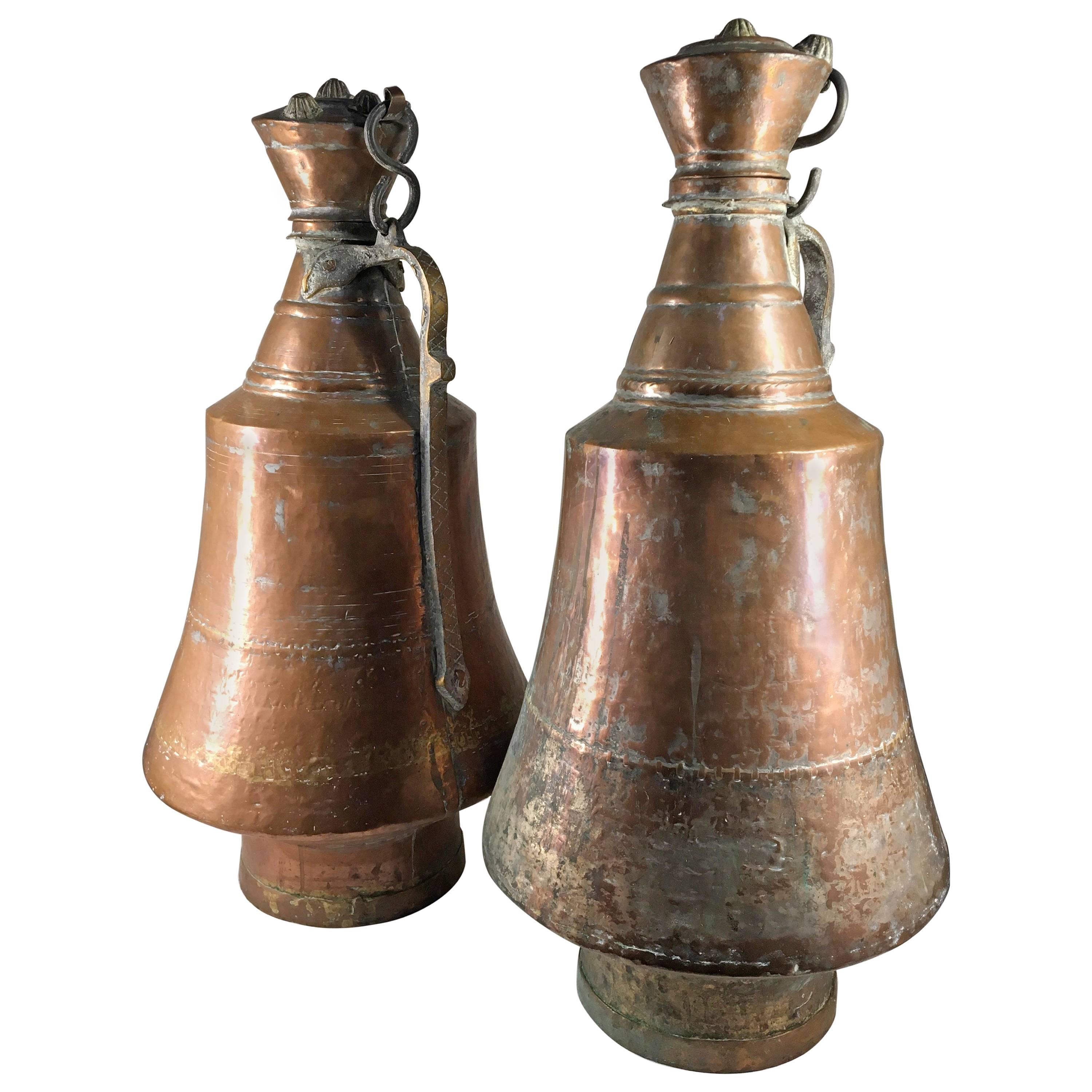 Pair of Large Copper Wine Jars with Lids