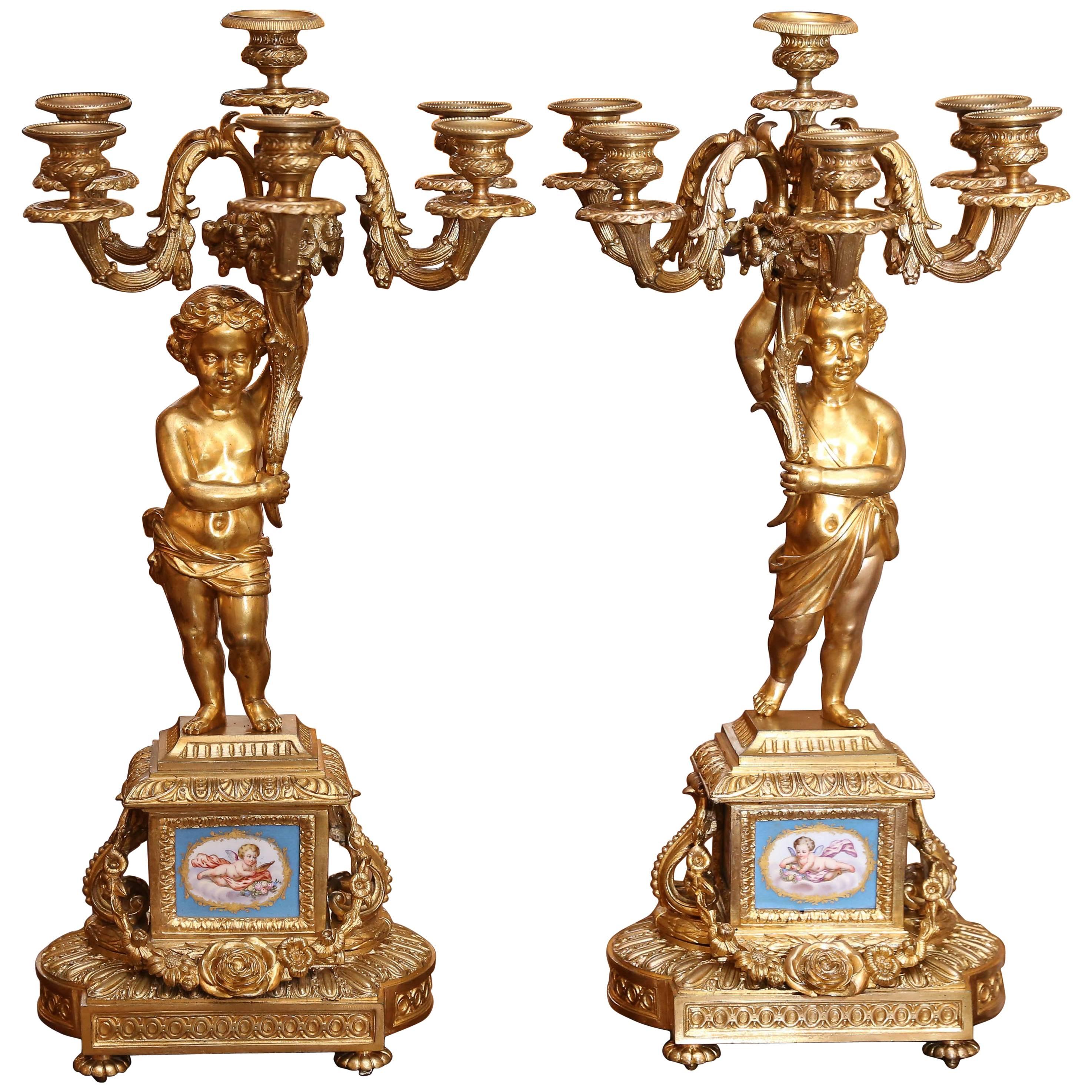 Pair of Gilt Bronze and Sevres style Porcelain Candelabrum